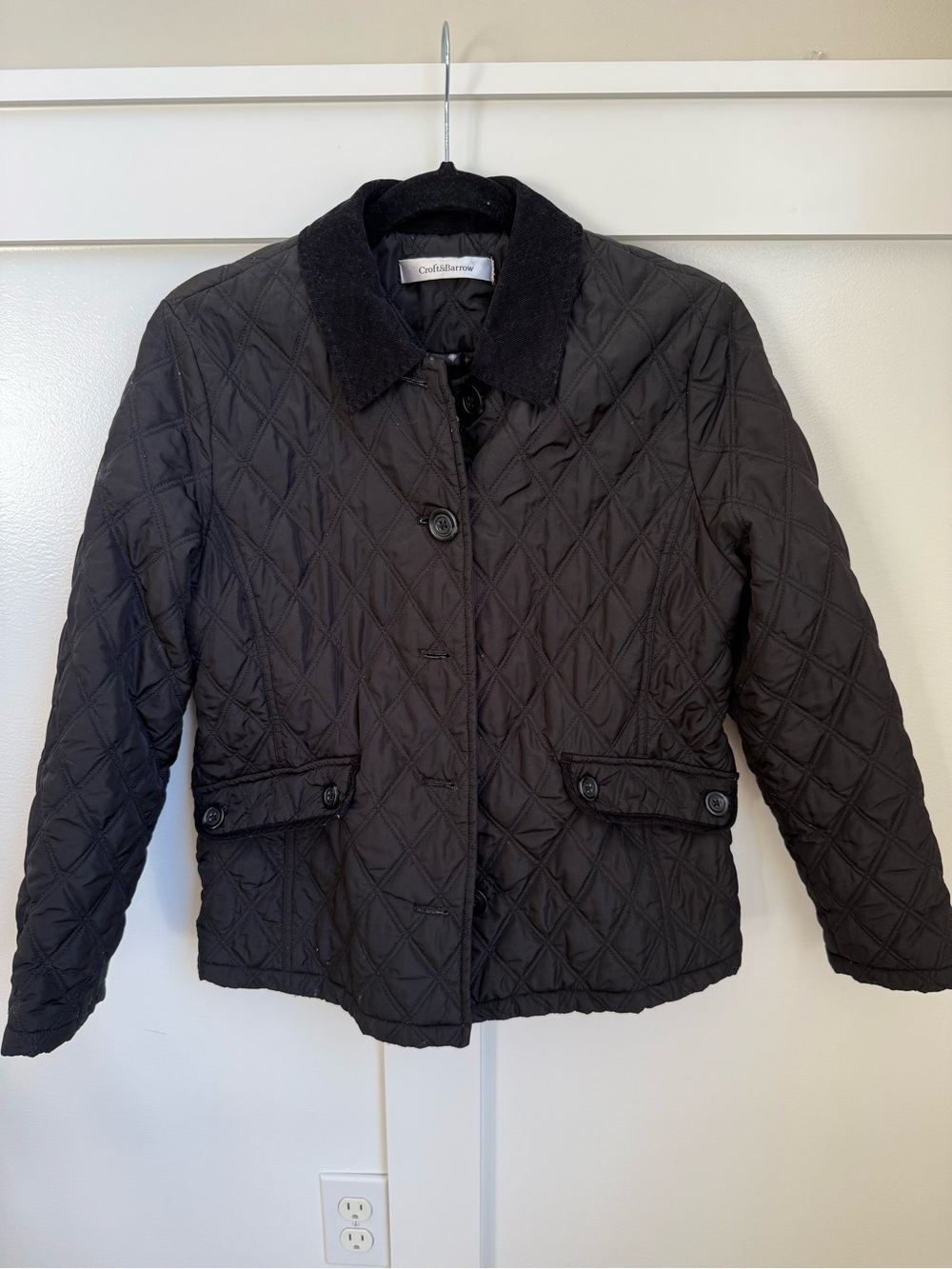Women’s croft & barrow Black Quilted Puffer Jacket cropped corduroy collar